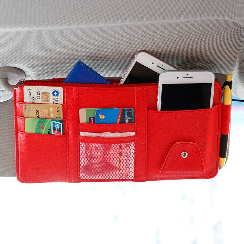 IKSNAIL-Soporte Organizador Universal para visera de coche, Funda de cuero PU para gafas de tarjeta, accesorios para coche, visera organizadora, estilismo para coche: Red