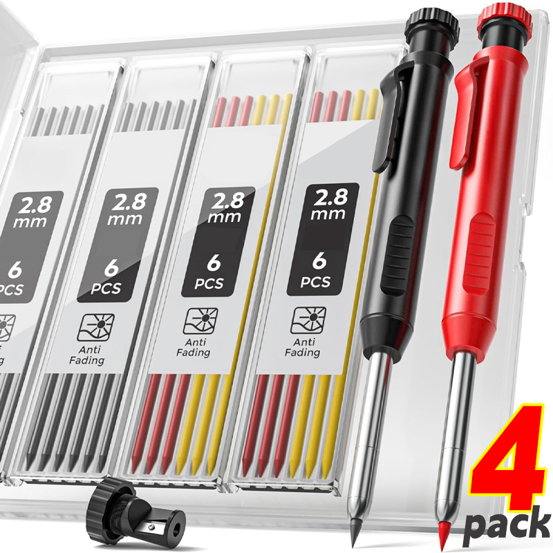 1-4- pack 2.8mm solida mekaniska pennor för snickare med vässare för träbearbetning och konstruktion, långt huvud, stationärt material