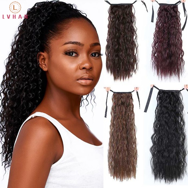 WEILAI Ombre Corn Wavy Wrap on Clip Long Synthetic Pony Tail Blonde wig Brown hairpiece extensions ponytails false Hair