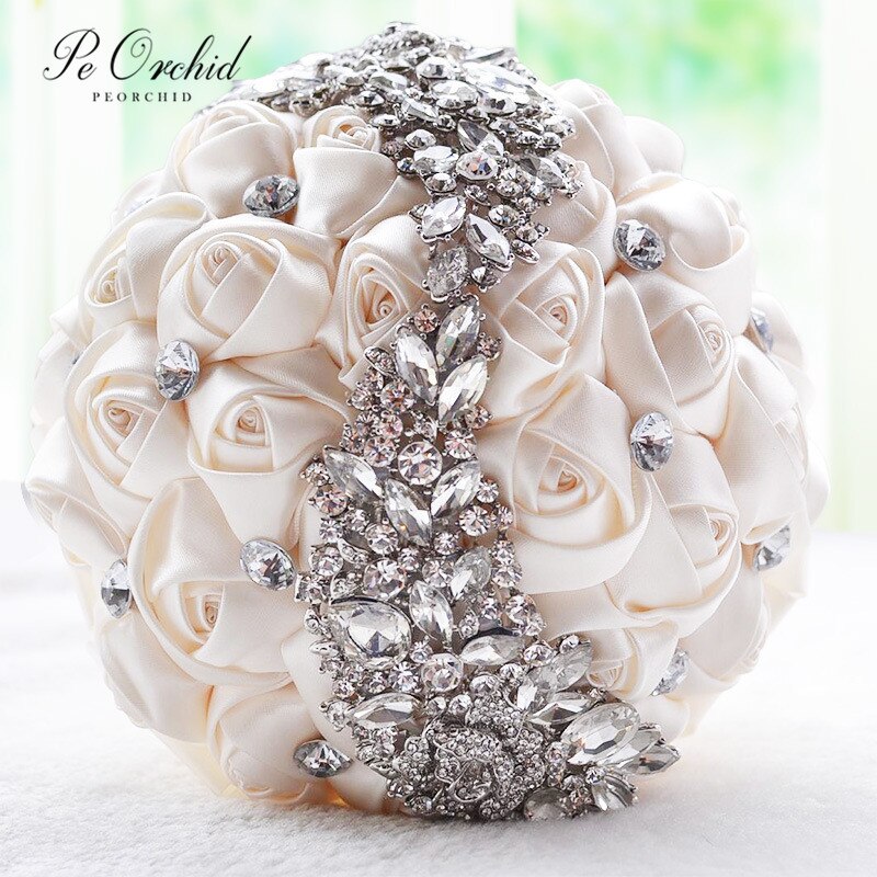PEORCHID De cristal rojo ramo De la boda Flores para novia Rosa De satén rosa/Borgoña De Ramos De Flores Novias diamante broche De ramillete nupcial