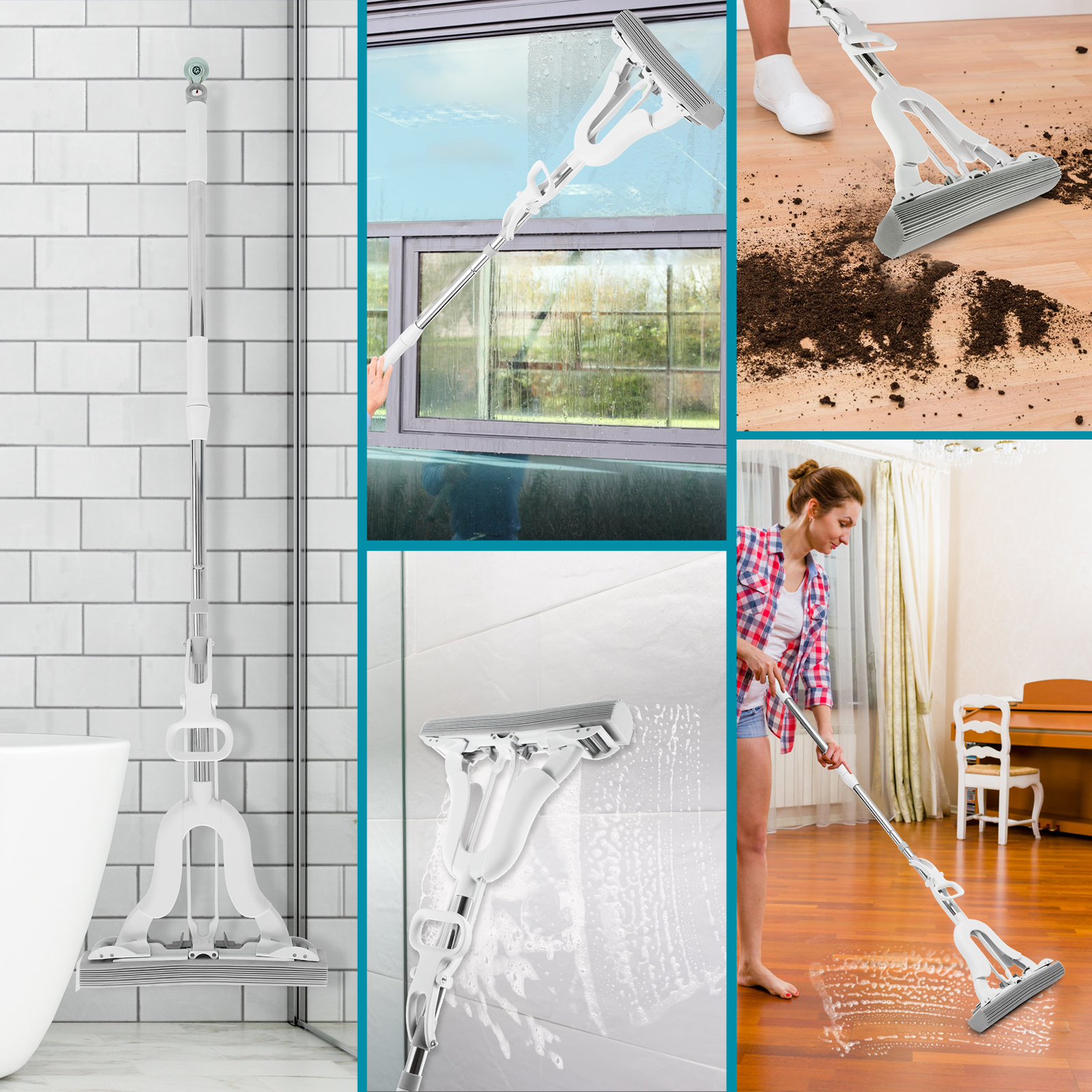 PVA-sponsmop Zelfwringende sponsrolmop met verstelbare handgreep Superabsorberende spons Vloermop Huishoudelijk schoonmaakgereedschap