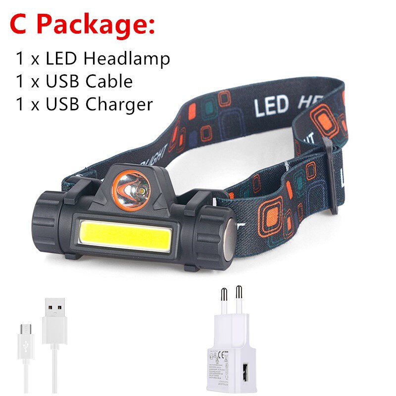 Mini COB LED Headlight Headlamp Head Lamp Flashlight USB Rechargeable Built-in 18650 Torch Camping Hiking Night Fishing Light