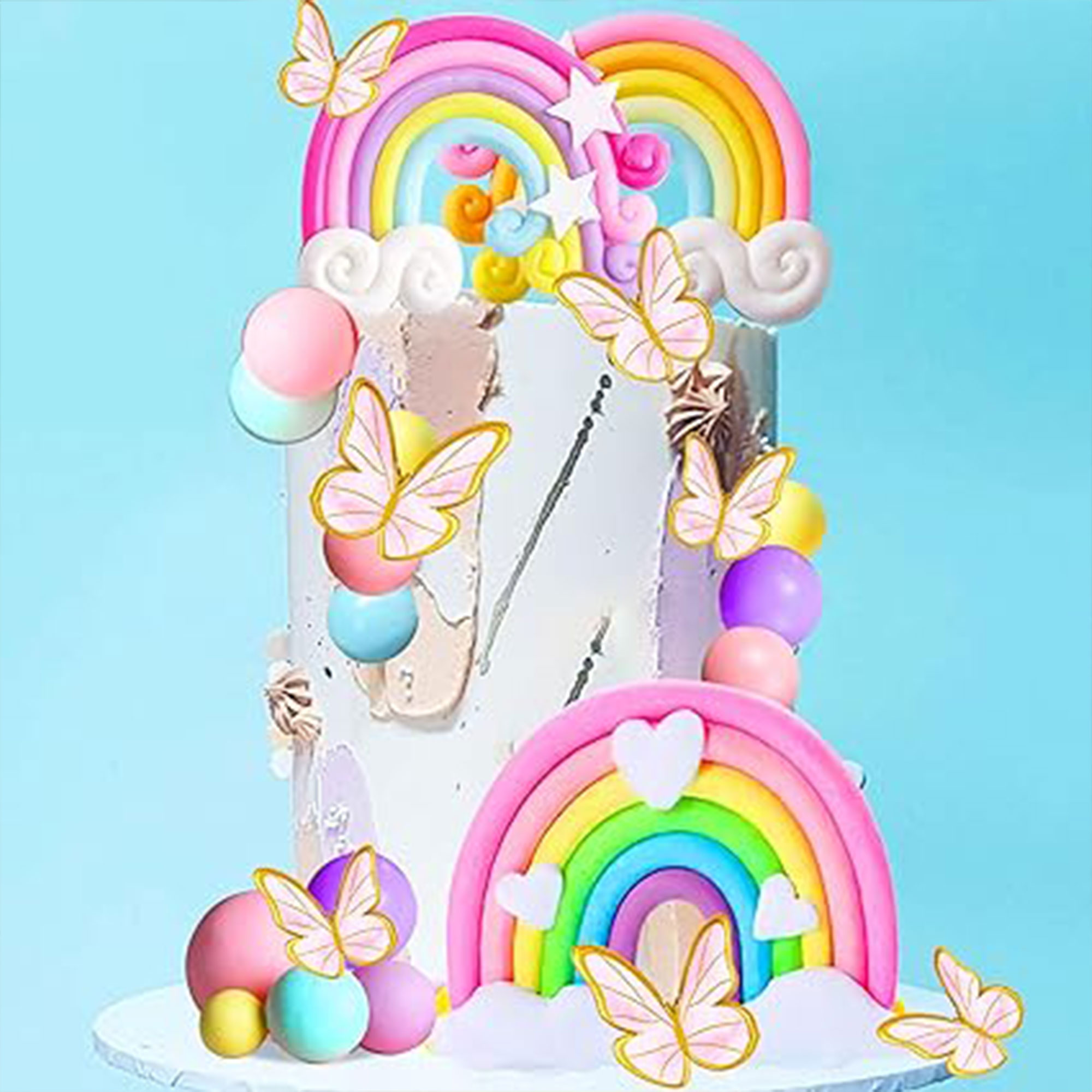 LaVenty 33 PCS Pink Rainbow Cake Topper Unicorn Rainbow Cake Decorations Boho Cake Topper Girls Birthday