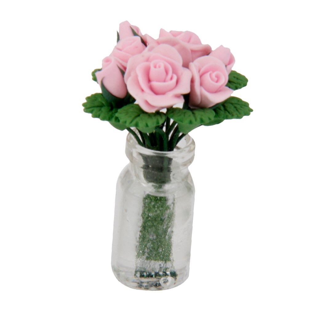 1/12th Miniatue Bunch Pink Rose Flowers In Glass Vase Dolls House Decoration