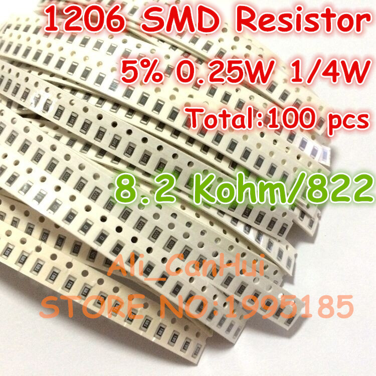 100 sztuk/partia 1206 5% 8.2 Kohm 8K2 822 1/4 W 0.25 W Rezystor SMD 3.2*1.6mm