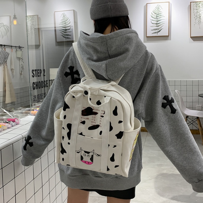 2pcs/set Cute Girls Milk Cow Printing Backpack Women Canvas Travel Knapsack Student School Bag Teenager Rucksack