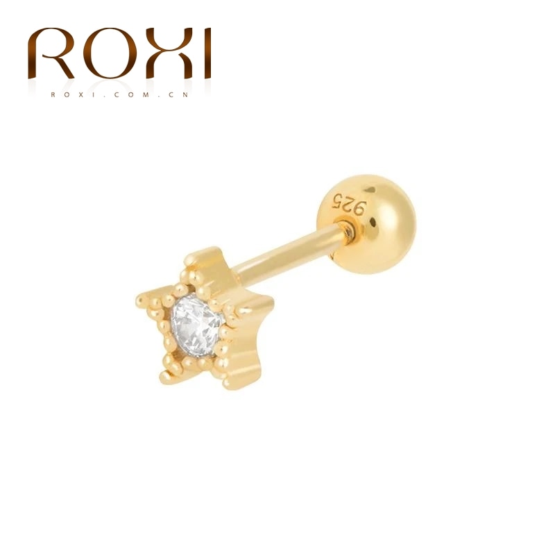 Roxi søde to stil stjerne mini øreringe til kvinder 925 sterling sølv pentagram piercing ørering pendientes kolczyki smykker: Et guld