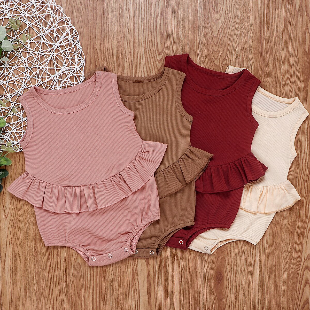0-24M Peuter Baby Meisjes Jongens Bodysuits 4 Kleuren Solide Mouwloze Ruches Jumpsuits Kleding Outfits