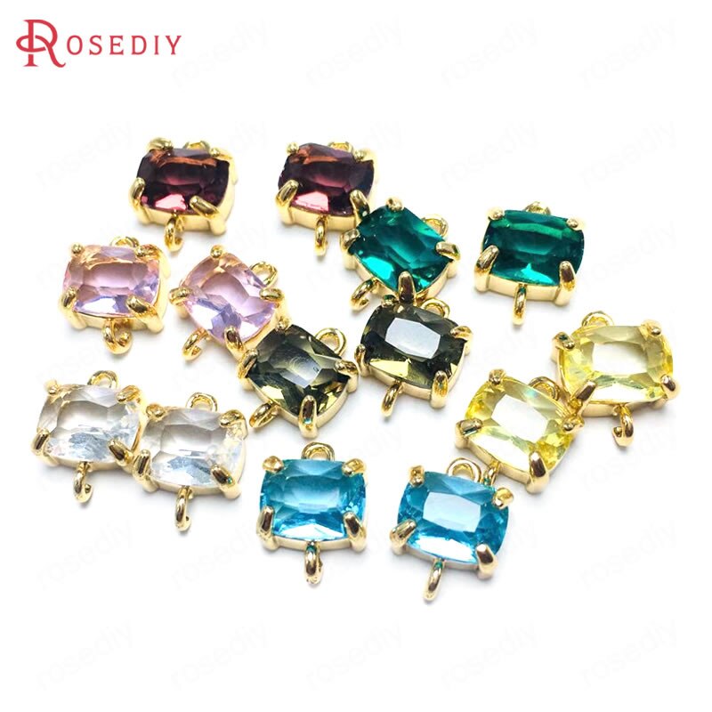 (38230)6PCS 8x10MM 24K Champagne Gold Color Brass and Glass 2 Holes Rectangle Connect Charms Pendants Diy Findings Accessories