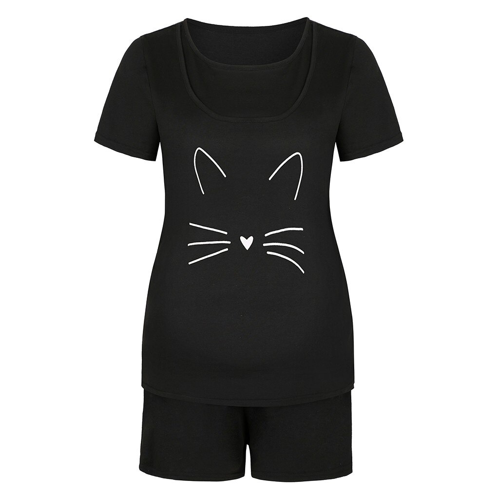 Maternity Clothes Short Sleeve Cute Print Breastfeediing T-shirt Tops+adjustable Shorts Set Nursing Pajamas Sleepwear Nightgown