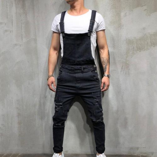 SALES! Retro Summer Men Ripped Denim Overalls Destroyed Hole Long Pants Jeans Jumpsuit: black / L