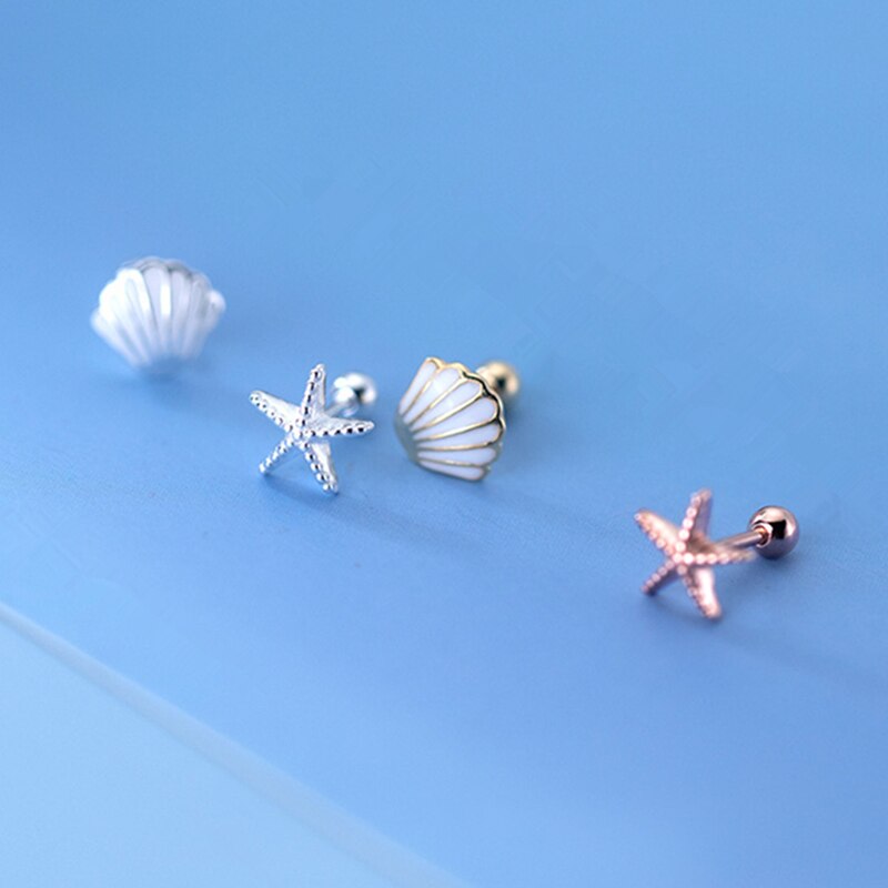 925 Sterling Silver Shell Starfish Stud Earrings for Women Daughter Girls Clear CZ Zircons Screw Back Asymmetry Earring Jewelry