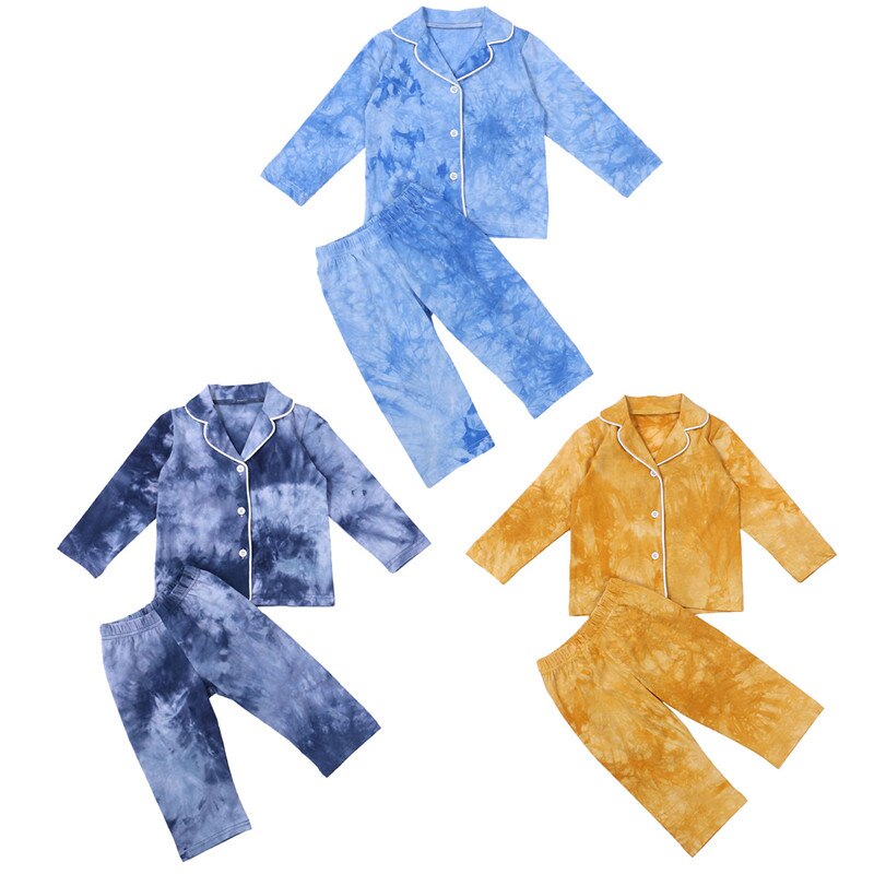 Kids Casual Herfst Lente Pyjama Set 2 Stuks Tie Dye Geschilderd Lange Mouwen Kleding Jongens Meisjes Knoppen Top Broek Nachtkleding kleding 1-6Y