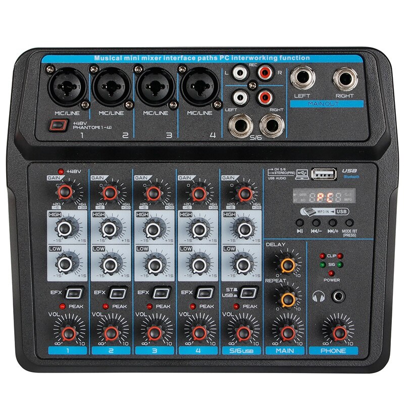 M-6 Portable Mini Mixer Audio DJ Console with Sound Card, USB, 48V Phantom Power for PC Recording Singing Webcast Party(US Plug): Default Title