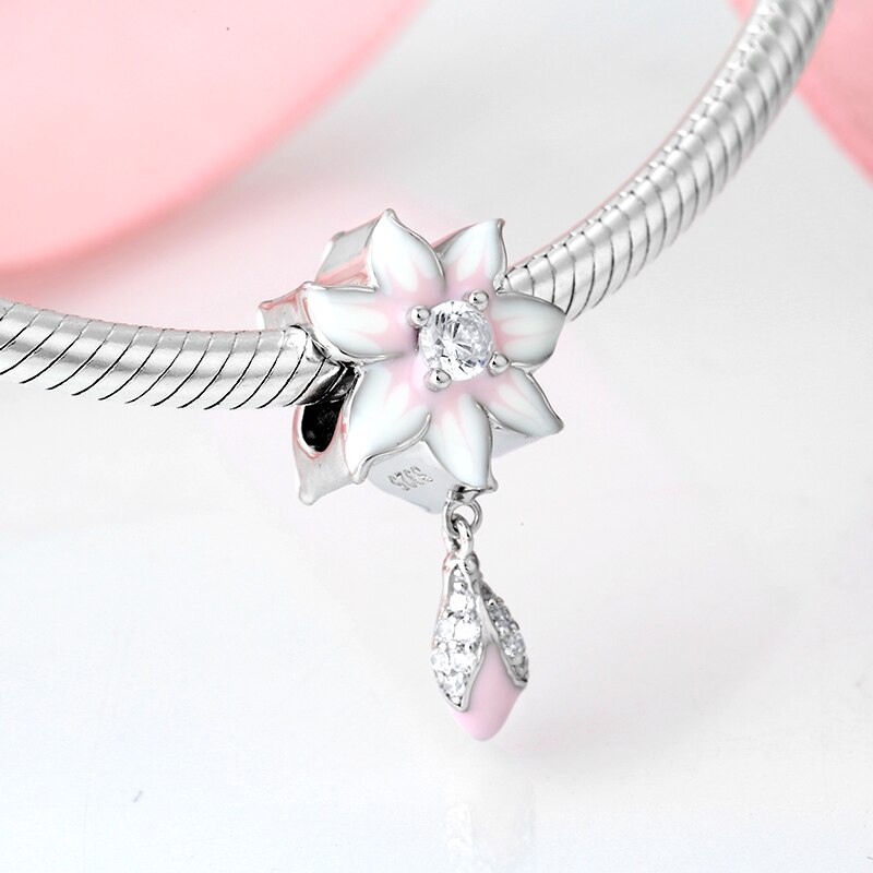 Pink Enamel Flower CZ Charms Beads Dangle Bud Silver 925 Fit Original JIUHAO Charm Bracelets Pendant Jewelry Making