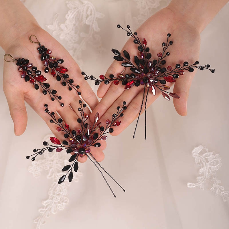 Bohe-conjunto de accesorios para el cabello para mujer, conjunto de pasador y pendientes negros, tocados de cristal, joyería para la cabeza nupcial, conjunto de peinado de boda