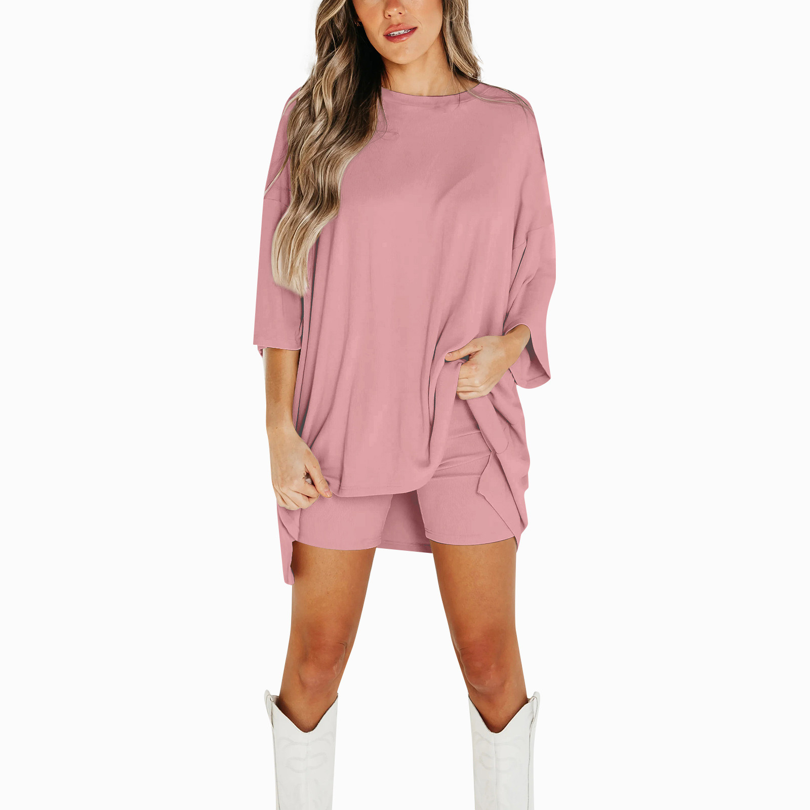 Ensemble Deux Pièces Haut et Short pour Femme, Basique, Polyvalent, Col Rond, Manches Courtes, Directe, 03/Life, Grande Taille