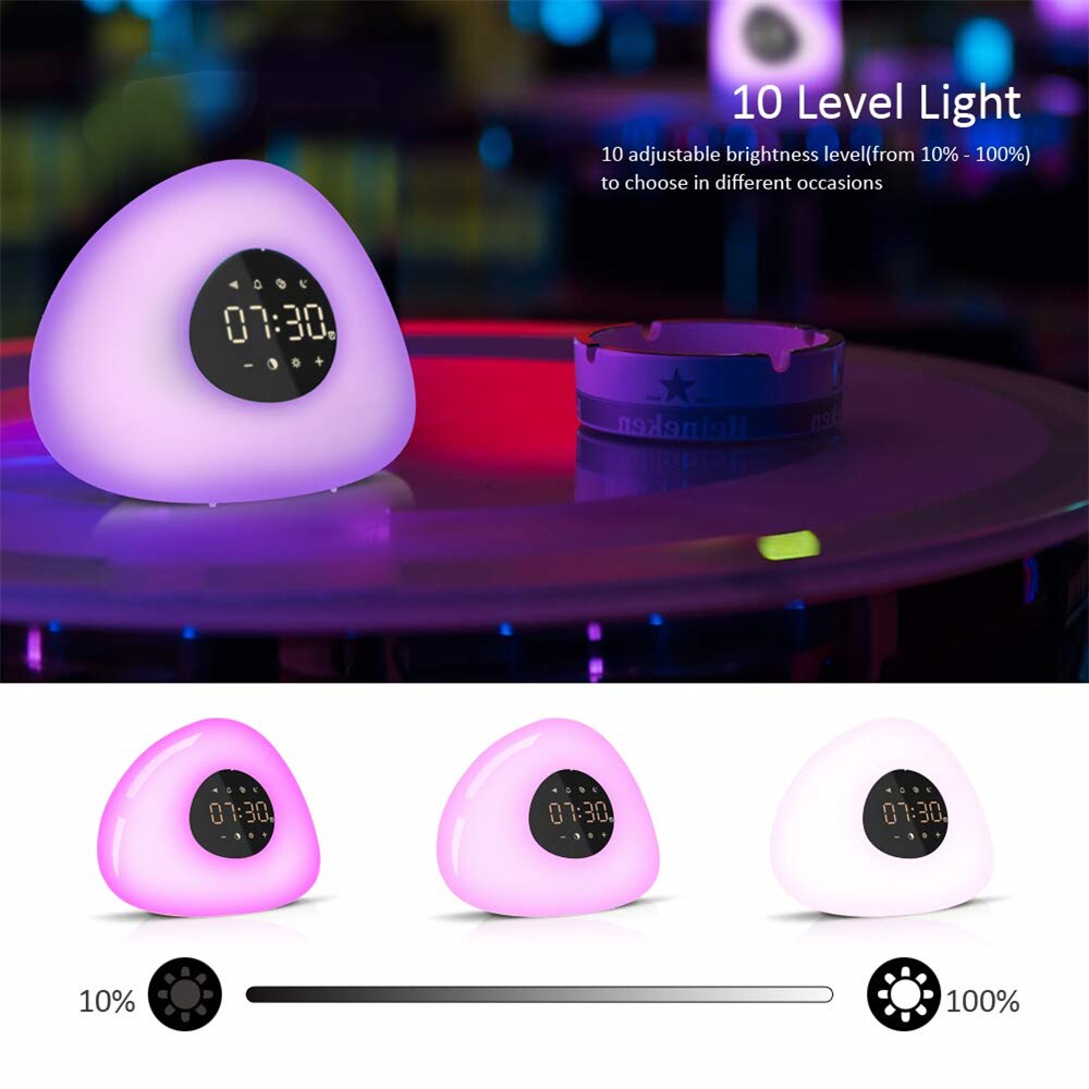 Soloppgang vekkerklokke våkne nattlys solnedgang digital klokke med slumrefunksjon naturlyder søvnhjelp 7 farger lampe