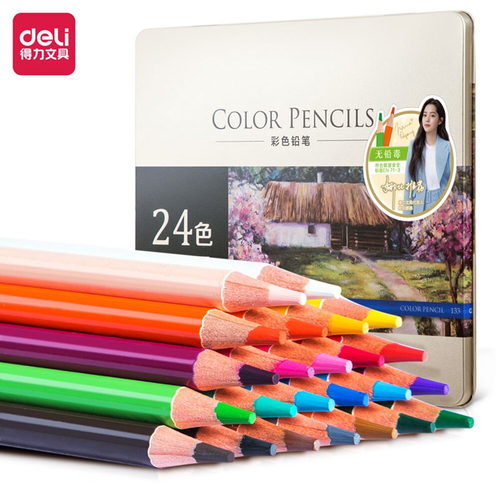 Deli 24/36 Kleur Potlood Vette Kleur Lood Student Kleurpotlood Handgeschilderde Professionele Schilderen Pen Ijzer Box Set Schilderen tool