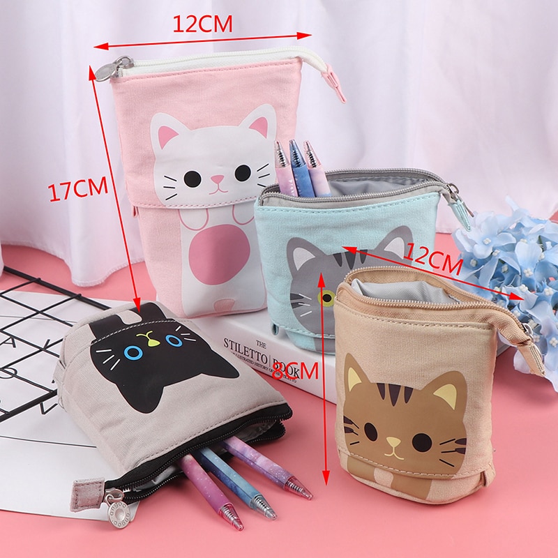Portalápices retráctiles multifunción para niñas y niños, estuche de lápices Kawaii de lona con de animales de gato, material de papelería coreana