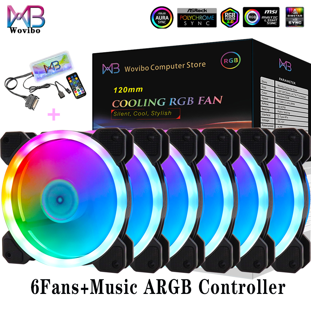 Wovibo-Ventilador RGB de 120mm, enfriador silencioso Argb, Pc, ordenador, 6 pines, 12cm, placa base, sincronización Aura: 6Fans With Music