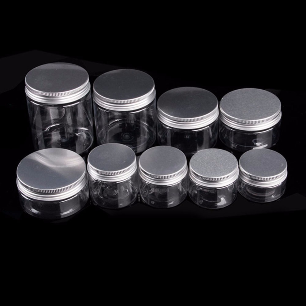 Make Up Opslag Jar Cosmetische Plastic Clear Container Aluminium Deksel Kleine Bottle30ML/40 ML/50 ML/60 ML/80 ML/100 ML/120 ML/200 ML/250 ML