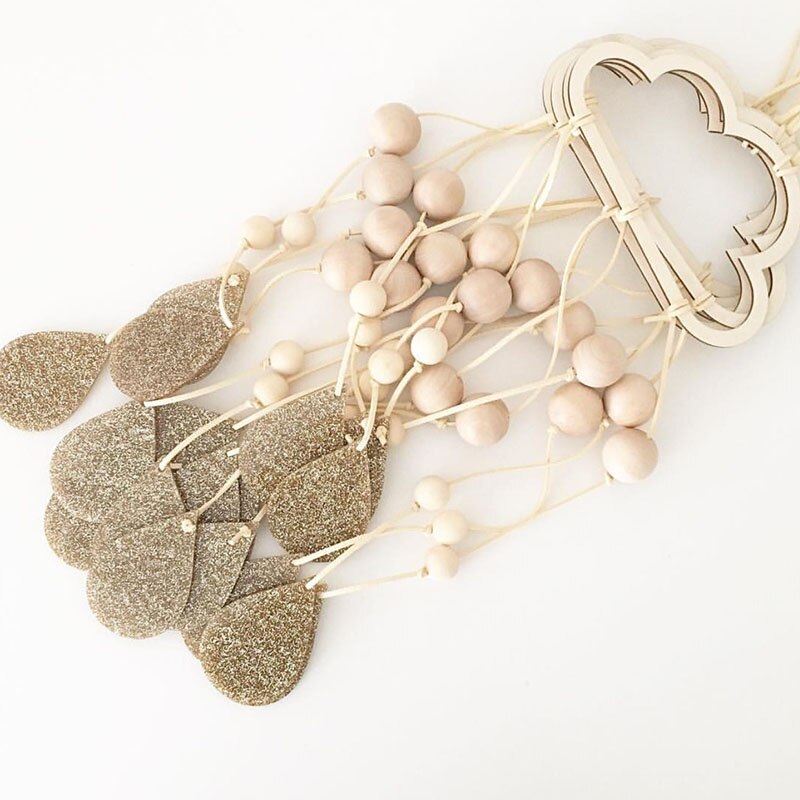 Adornos colgantes de madera de estilo nórdico INS, colgante de madera con de nubes y planetas y estrellas para habitación de niños y bebés, accesorios de decoración para dormitorio infantil: GOLD RAIN