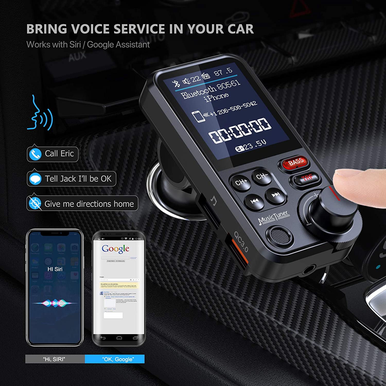 1.8&quot;Wireless Car Bluetooth FM Transmitter Aux Supports QC3.0 Charging Treble and Bass Sound Music Player