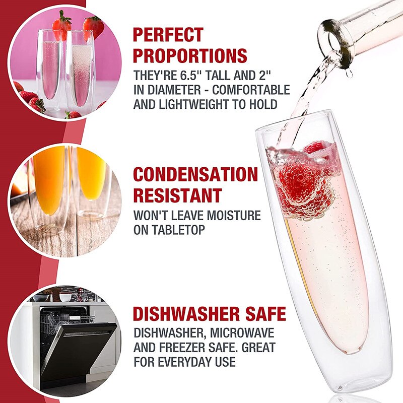 150Ml Champagne Glazen Set Stemless Mousserende Wijn Bril Transparant Double Wall Wijn Fluit Glas Cup Voor Party