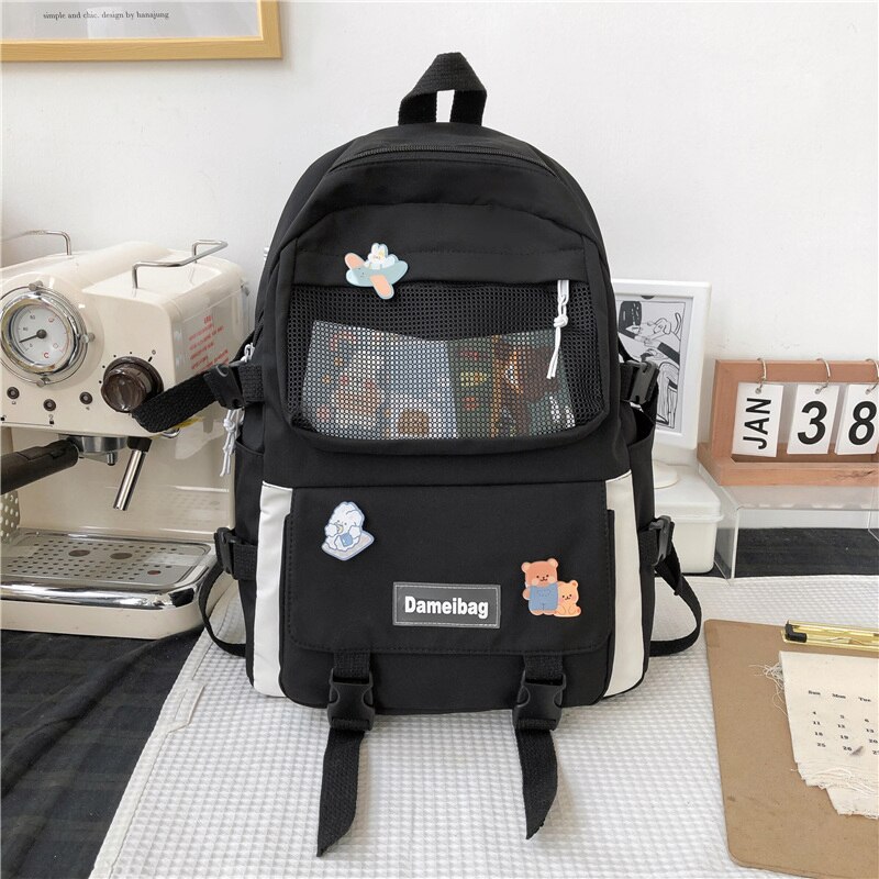 Nowe wiele kieszeni wodoodporny plecak nylonowy kobiet o dużej pojemności Kawaii tornister dla nastoletnich dziewczęca torba podróżna Mochila Bookbag: Black / NO bear Pendant