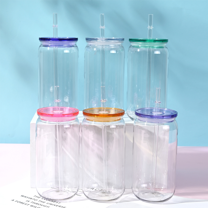 16oz kleurrijke deksel transparante plastic beker met deksels en rietjes vervangende deksels voor blikvormige ijskoffiekopjes schattige beker