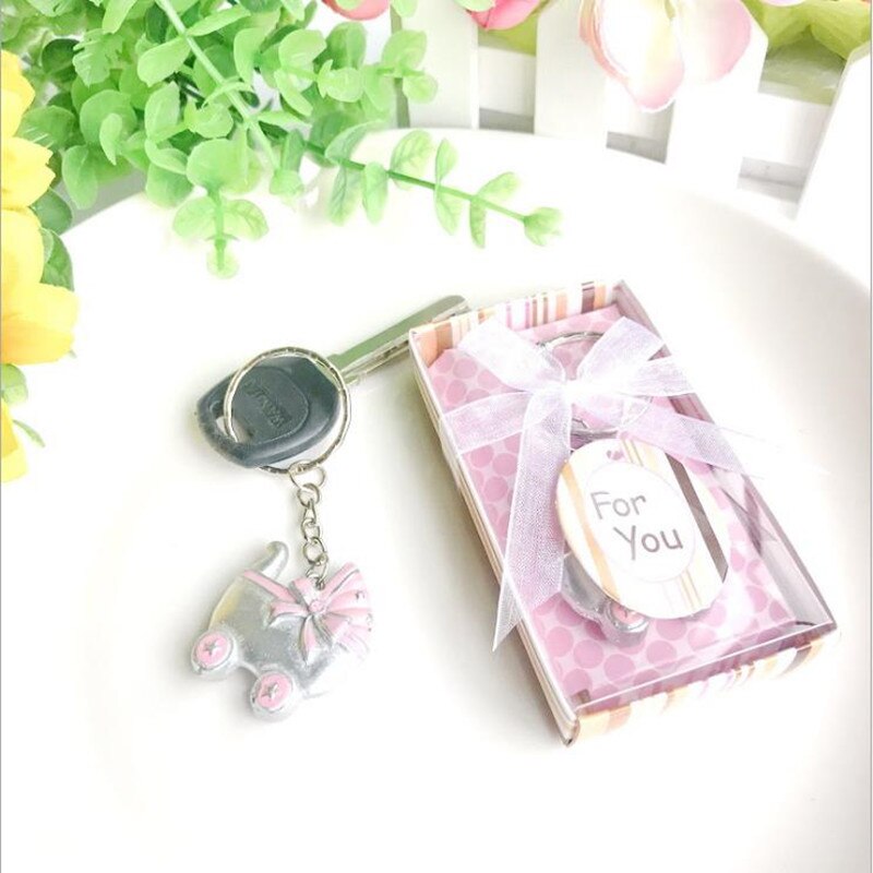 10 stk/parti pink/blå barnevogn nøgleringe fødselsdåb nøglering favor baby shower favoriserer souvenir