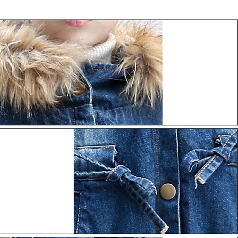 Denim Winter Jacket for Girls Children Coat Big Kids Faux Fur Coats Hoodies Jacket Warm Teenage Winter Jackets Clothing for Girl
