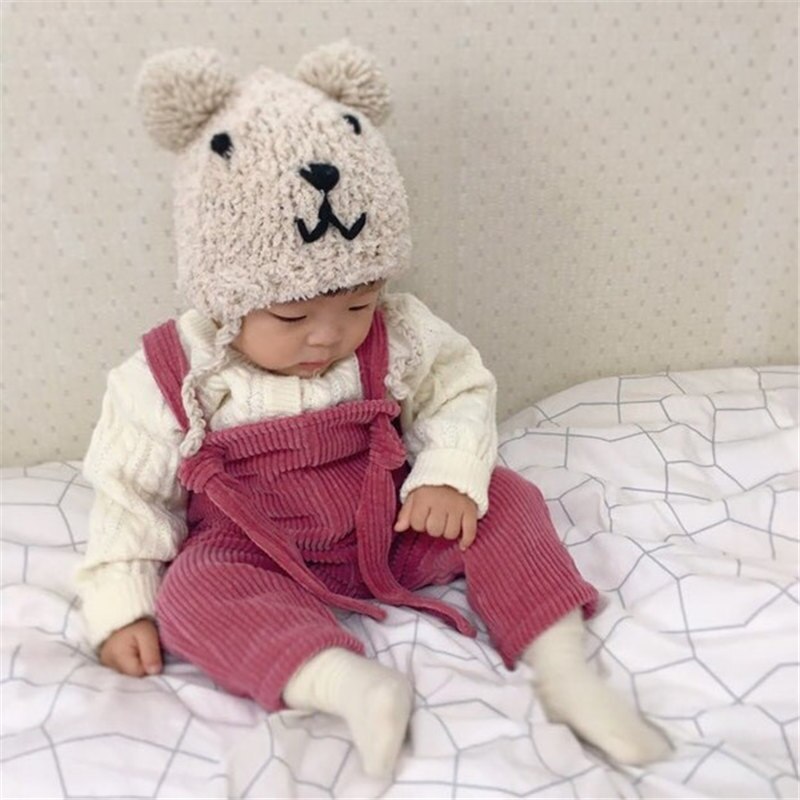 Lovely Bear Baby Hat Winter Warm Ear Protection Cartoon Children Hat Double Pompom Kids Girl Boy Beanie Cap