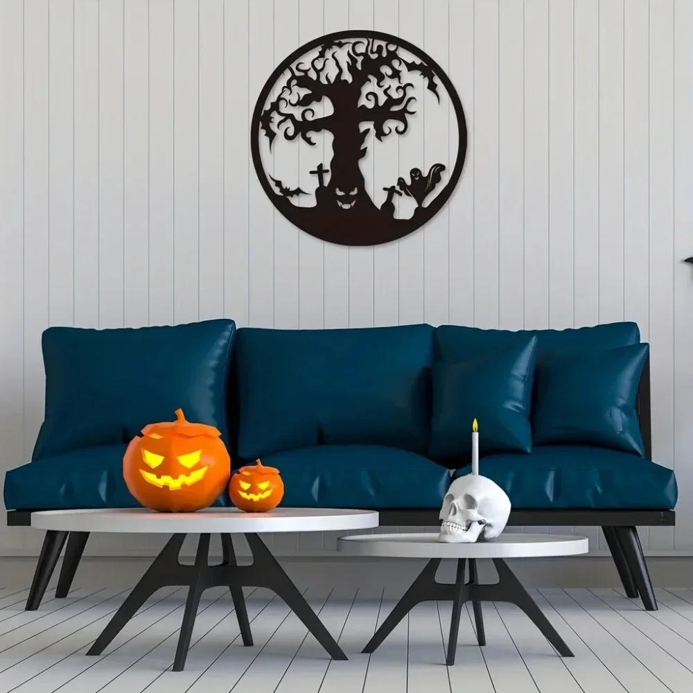 Eerie Metal Halloween Tree Wall Hanging Decor: Mysterious Black Iron Artwork for Home and Living Room Decoration