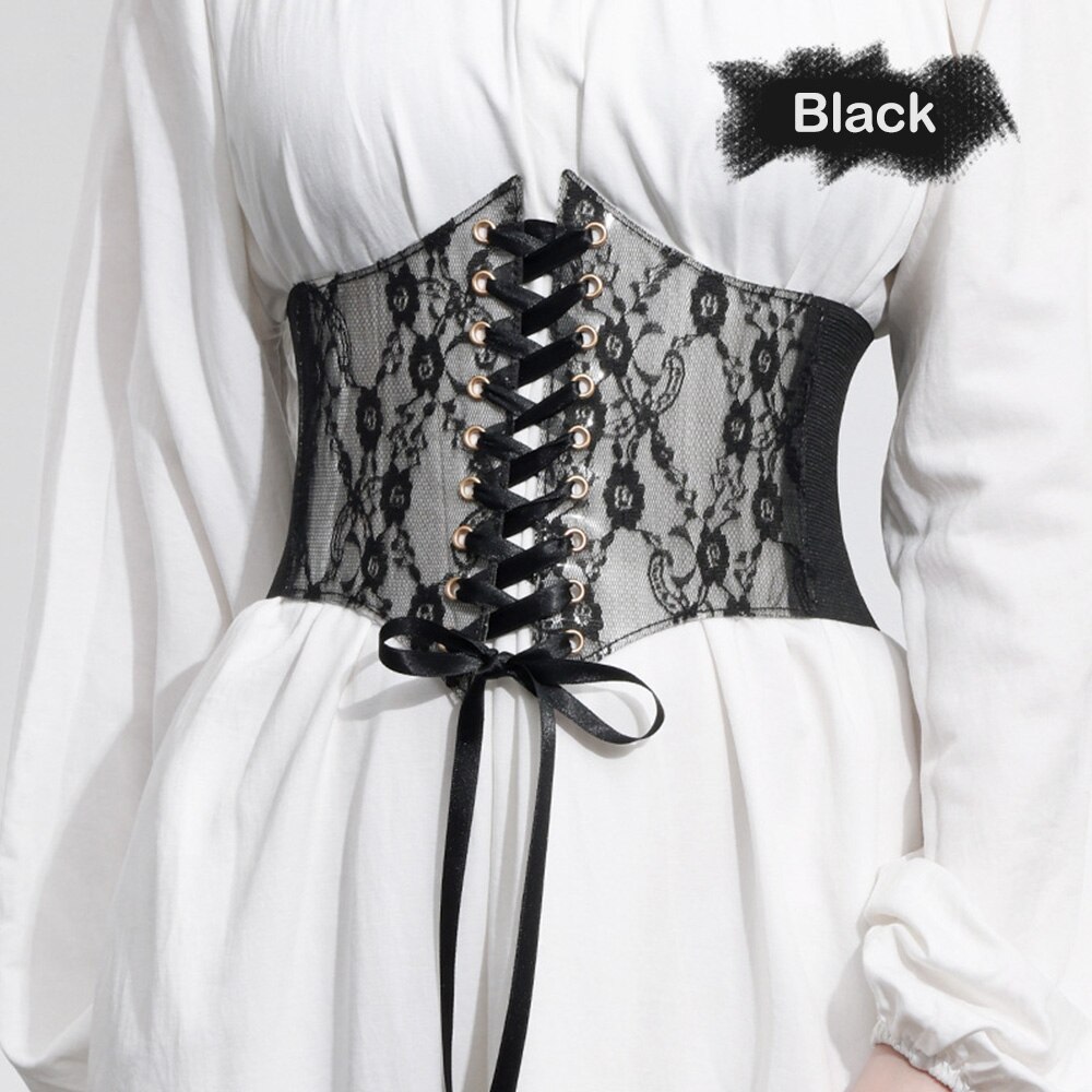 Corsé de cintura a la para mujer, cinturón transparente de encaje ancho femenino con lazo tejido, adelgazante banda Retro, cinturones para el cuerpo, faja para vestido: Black