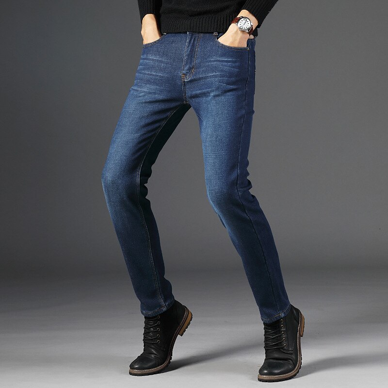 Mænd vinterjeans mænd sort/blå slim fit stretch tykke fløjlsbukser varme jeans afslappede fleecebukser herre plus str.
