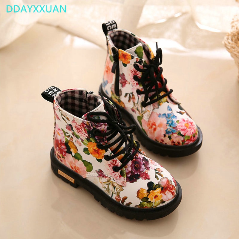Kids Boots Leather Autumn Floral Flower Print Children Baby Martin Boots Cute Casual Girls Boots Shoes EU 21~30