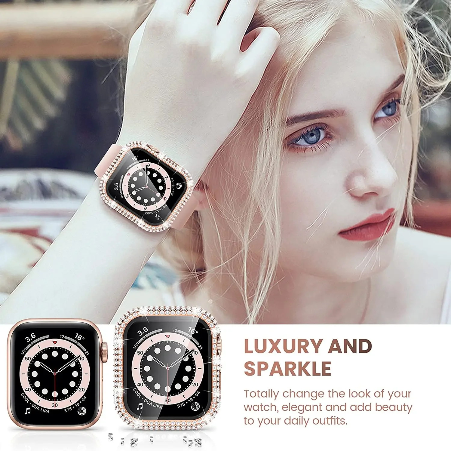 Funda de diamante con cristal templado integrado para Apple Watch, cubierta de 41mm, 45mm, 42mm, 44mm, 38mm, 40mm para IWatch Series 9, 8, 7, 6, SE 5, 4, 3