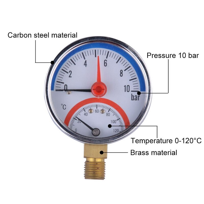 10 Bar Radial Axial Temperature Pressure Gauge Meter G1/4 Thread Thermometer Dial diameter 63 mm 2 in1 Thermometer Monitor