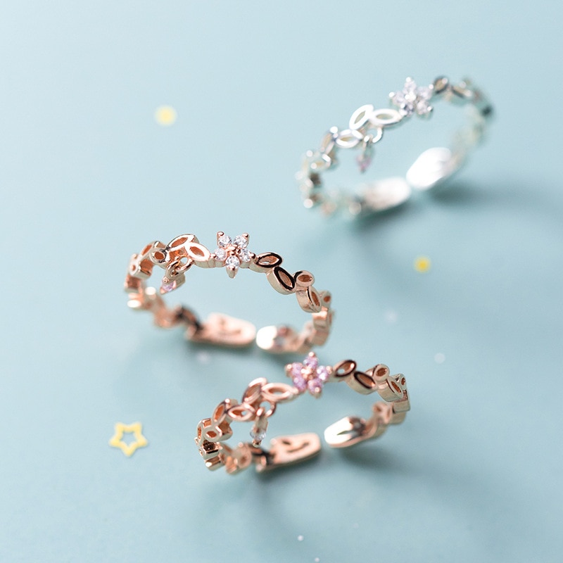 MloveAcc Fresh Flower 925 Sterling Silver Temperament Personality Literary Korea Female Resizable Opening Rings