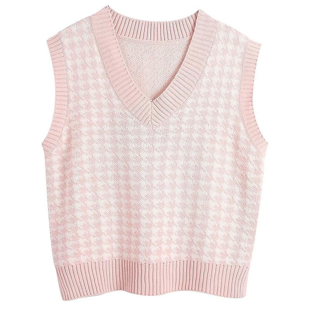 Femmes pull gilet automne tricoté pied de poule col en v pull surdimensionné sans manches femme gilet pull hauts: Pink1 / L