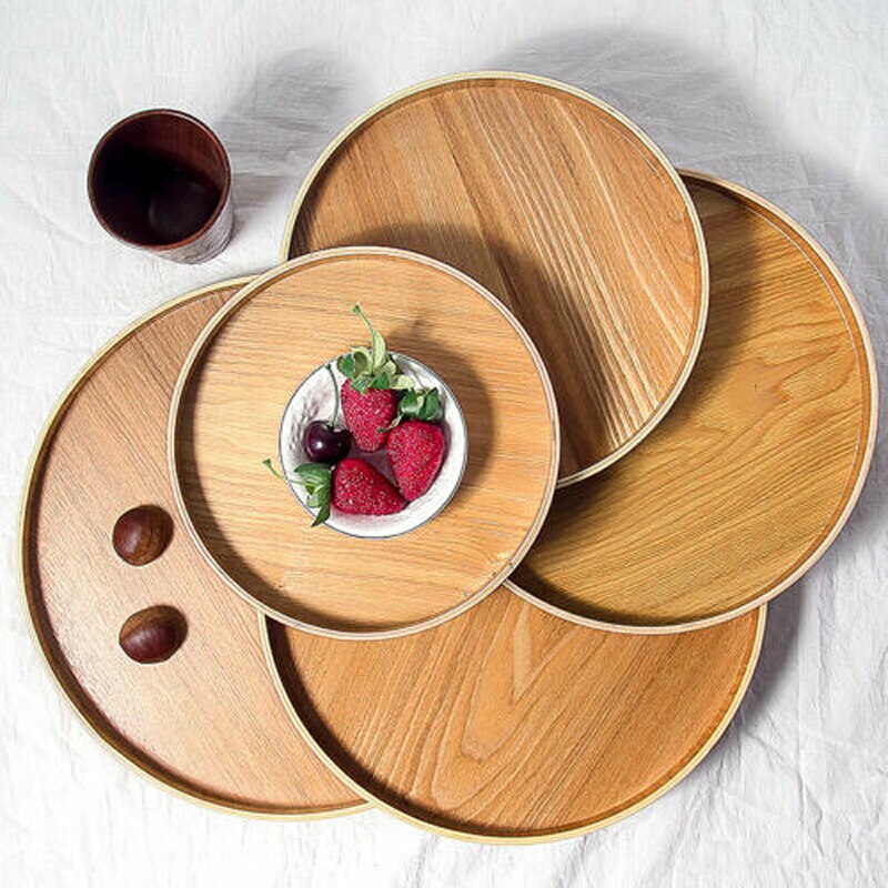 Wooden Round Serving Tray Wood Plate Tea Food Dishe Drink Platter Food Server Plate Dinner Beef Steak Fruit Snack Dessert Tray
