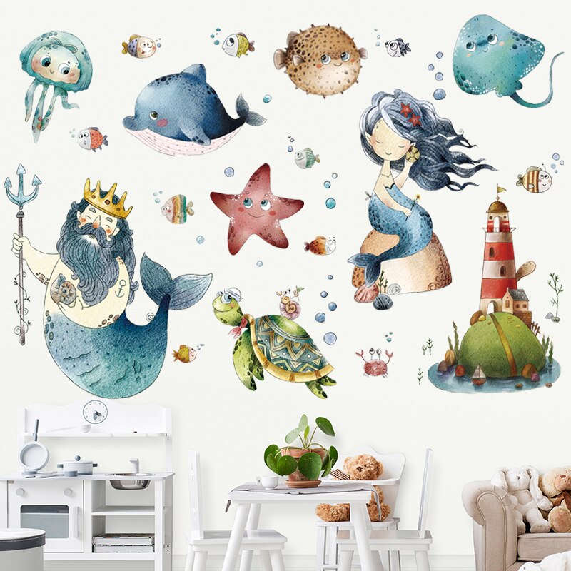 Cartoon Mermaid Wall Stickers Kid's Bedroom Bathroom Marine Animals Stickers Wall Decals Waterproof Posters Films