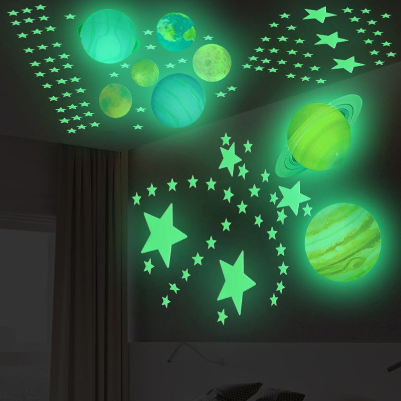 100 Stuks Lichtgevende Dots Sterren 8Pcs Lichtgevende Zonnestelsel Planeet Glow In The Dark Muurstickers Voor Kamer Decoratie