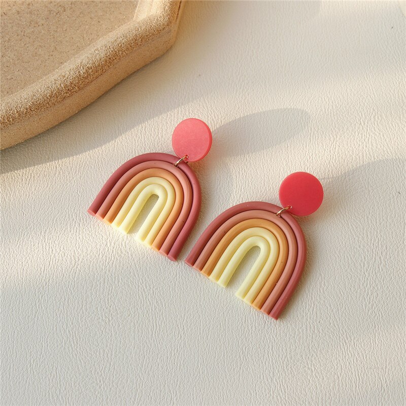 AOMU Ethnic Boho Gradient Ceramic Clay Rainbow Color Arched Colorful Line Handmade Long Dangle Earrings for Women Jewelry: 8