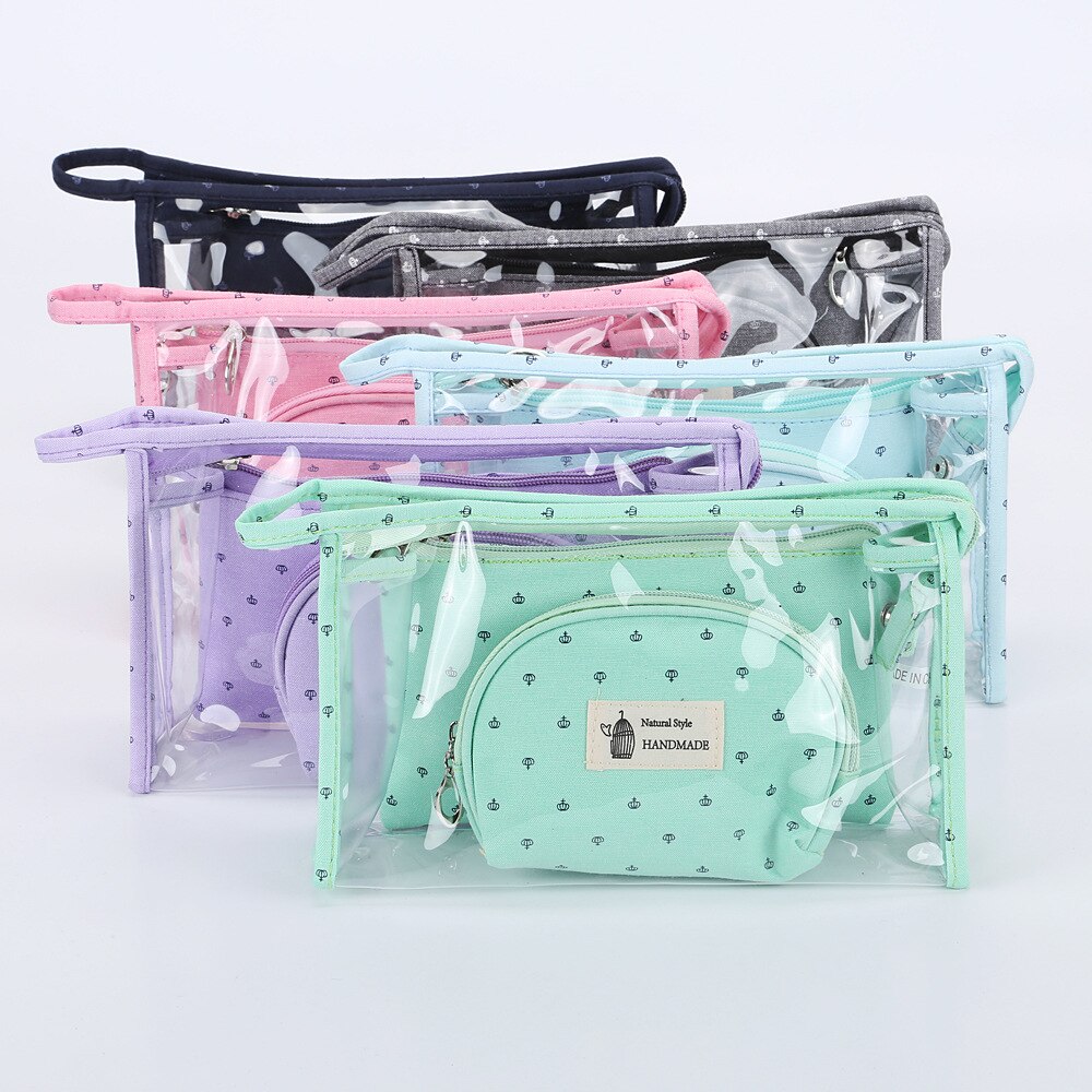 Transparant Pakket PVC Drie stuk Cosmetische Duidelijke Zak voor Vrouw Make Up Tas Roze Composiet Handtassen