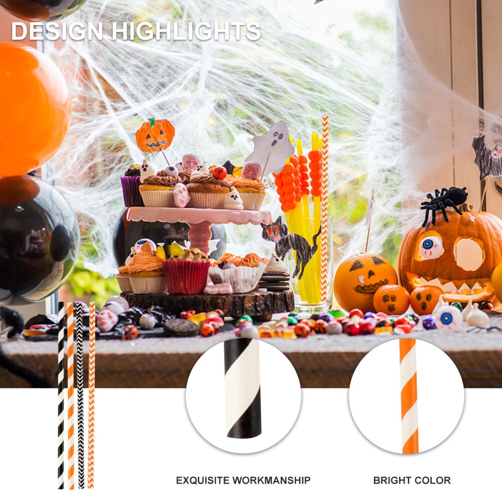 100 stuks gestreepte, mooie decoratieve rietjes, papieren rietjes voor halloween, ktv