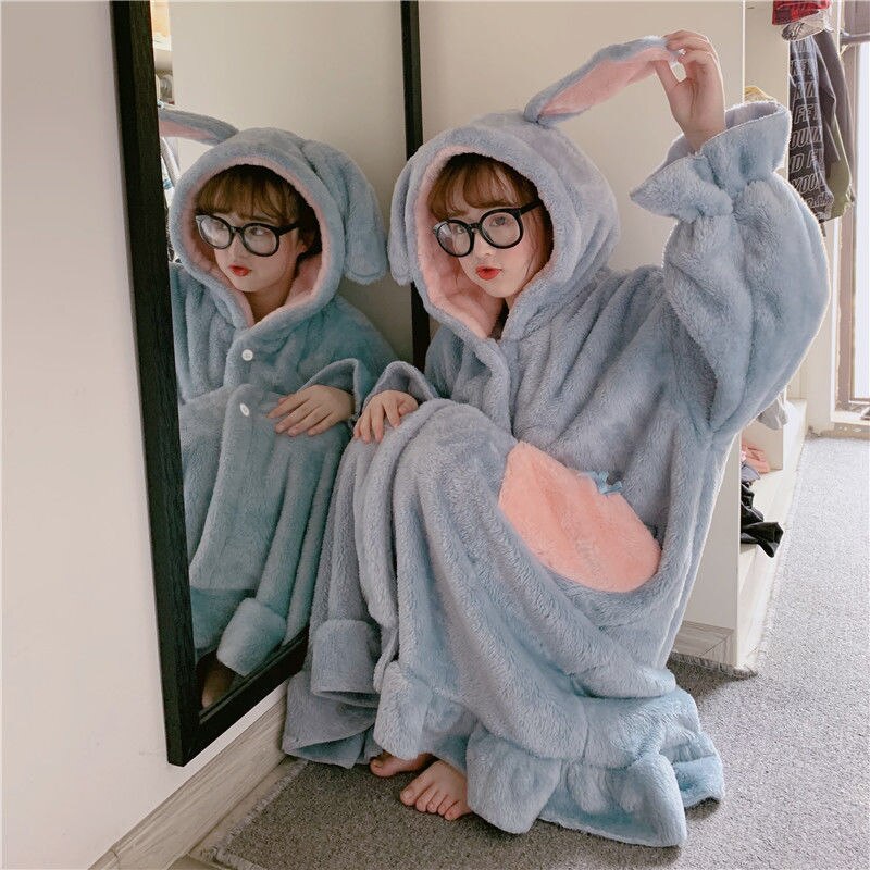 Women Robes Rabbit Ear Sweet Lovely Heart Bow Coral Fleece Home Soft Wear Females Leisure Chic Trendy Warm Bathrobe Lounge