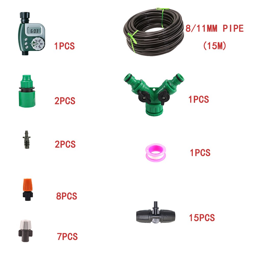 8 / 11mm Hose Garden Irrigation Kit Cooling System Sprinkler Watering Kit Automatic Home Garden Lawn Spray Irrigation: nub3  15m set